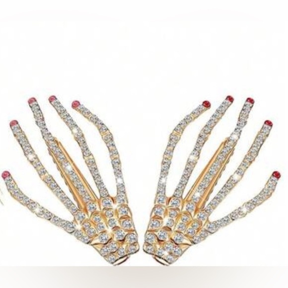 Skeleton hands Halloween hair clips rhinestone studded gold​​ Red Nail New x2 main image 4